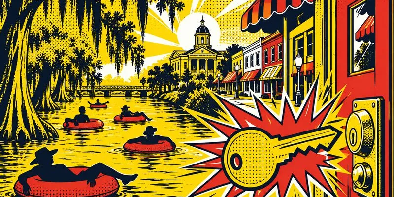 Comic-style illustration of riders floating on inner tubes down a slow river under tall trees, with a small-town square and a door with a deadbolt and a key burst in the foreground