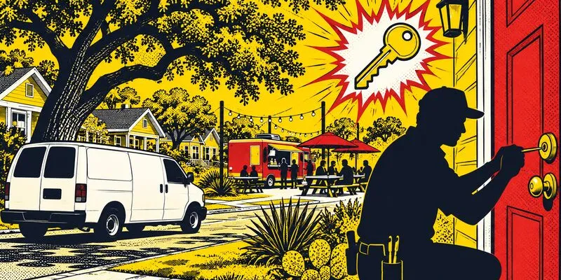 Comic-style illustration of a locksmith silhouette working on a front door deadbolt on a south Austin street of bungalows, live oaks and a food-truck lot, with a plain service van and a key burst