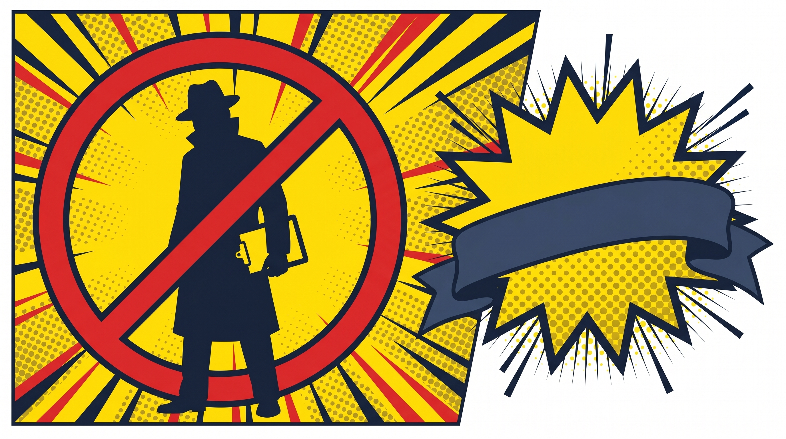 Comic warning illustration: a large red prohibition symbol over a slate-silhouette of a suspicious locksmith figure, set against a yellow halftone field. To the right, a yellow starburst seal with an empty slate ribbon banner.