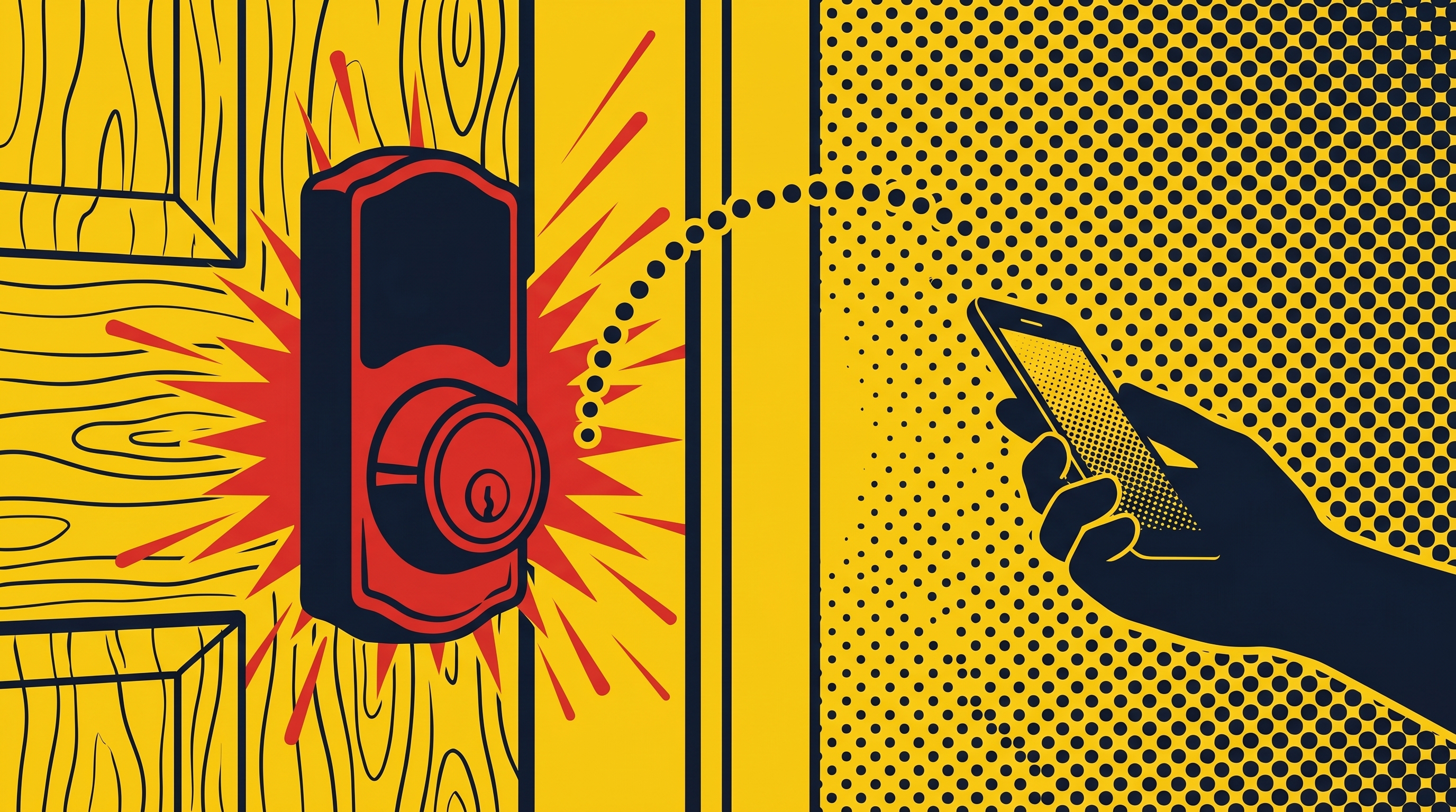 Comic-style smart deadbolt on a yellow door, with a hand reaching in from the right holding a smartphone connected via dotted wireless signal arc. Halftone background.
