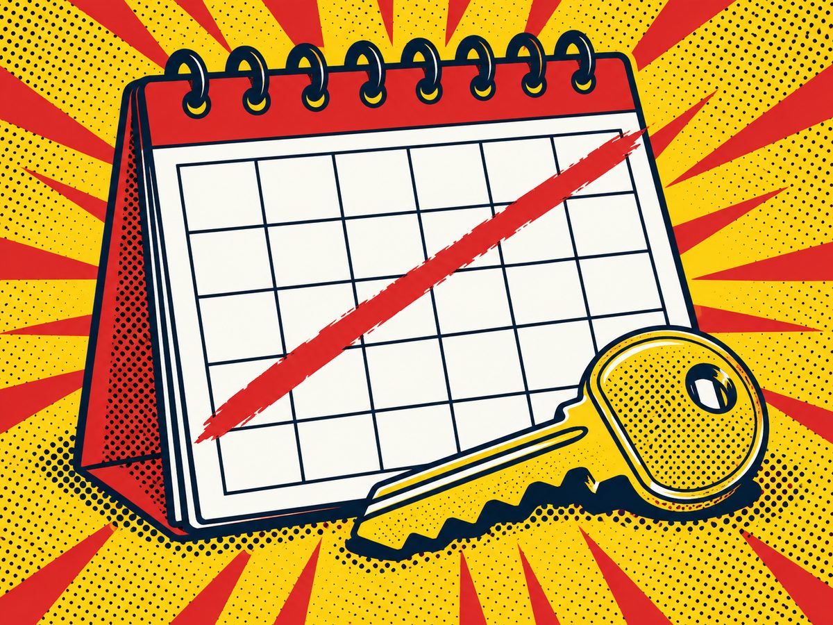 Comic-style illustration of a blank calendar page with a red slash and a key