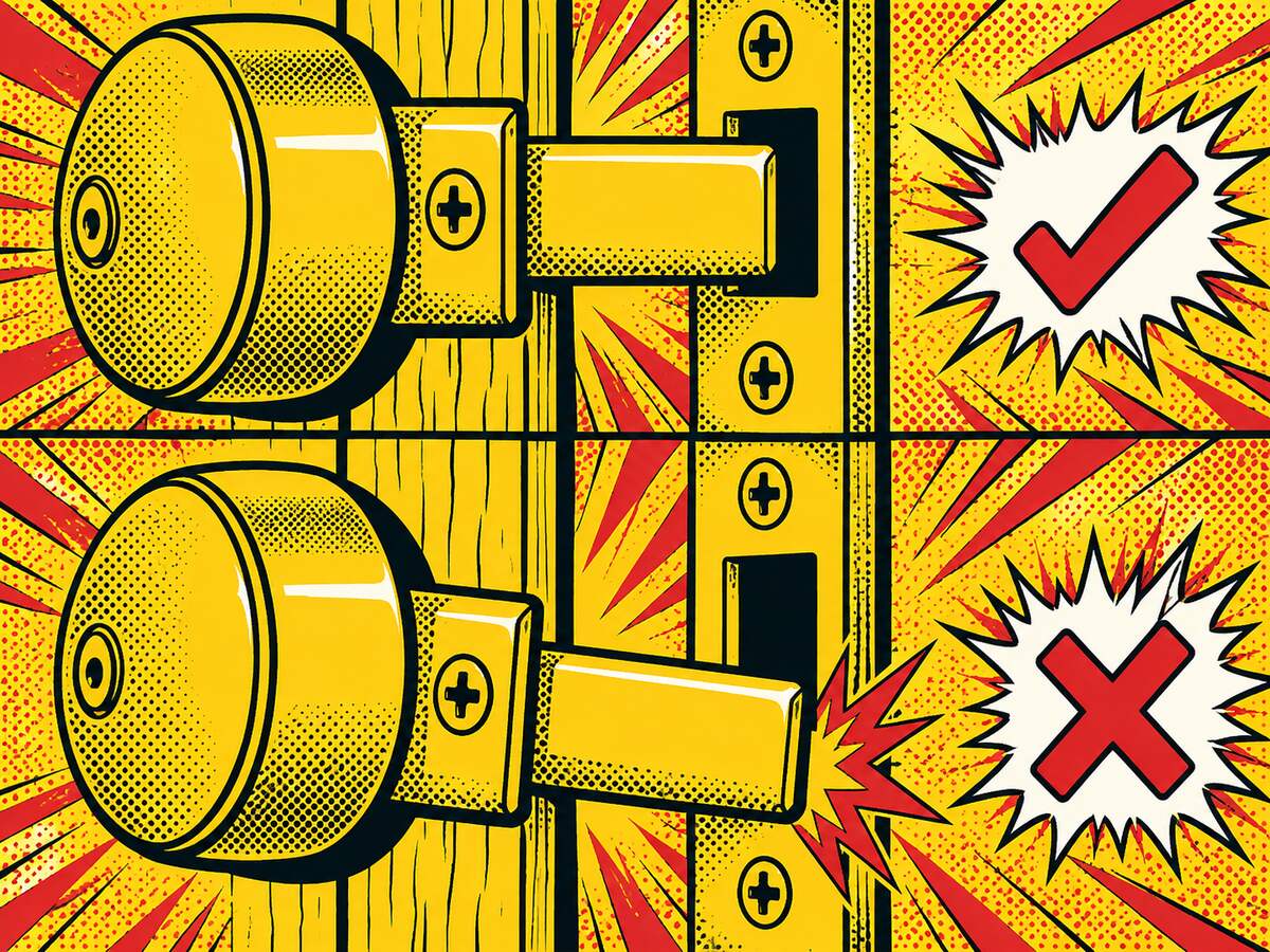 Comic-style before and after panels of a deadbolt aligned and misaligned with the strike plate