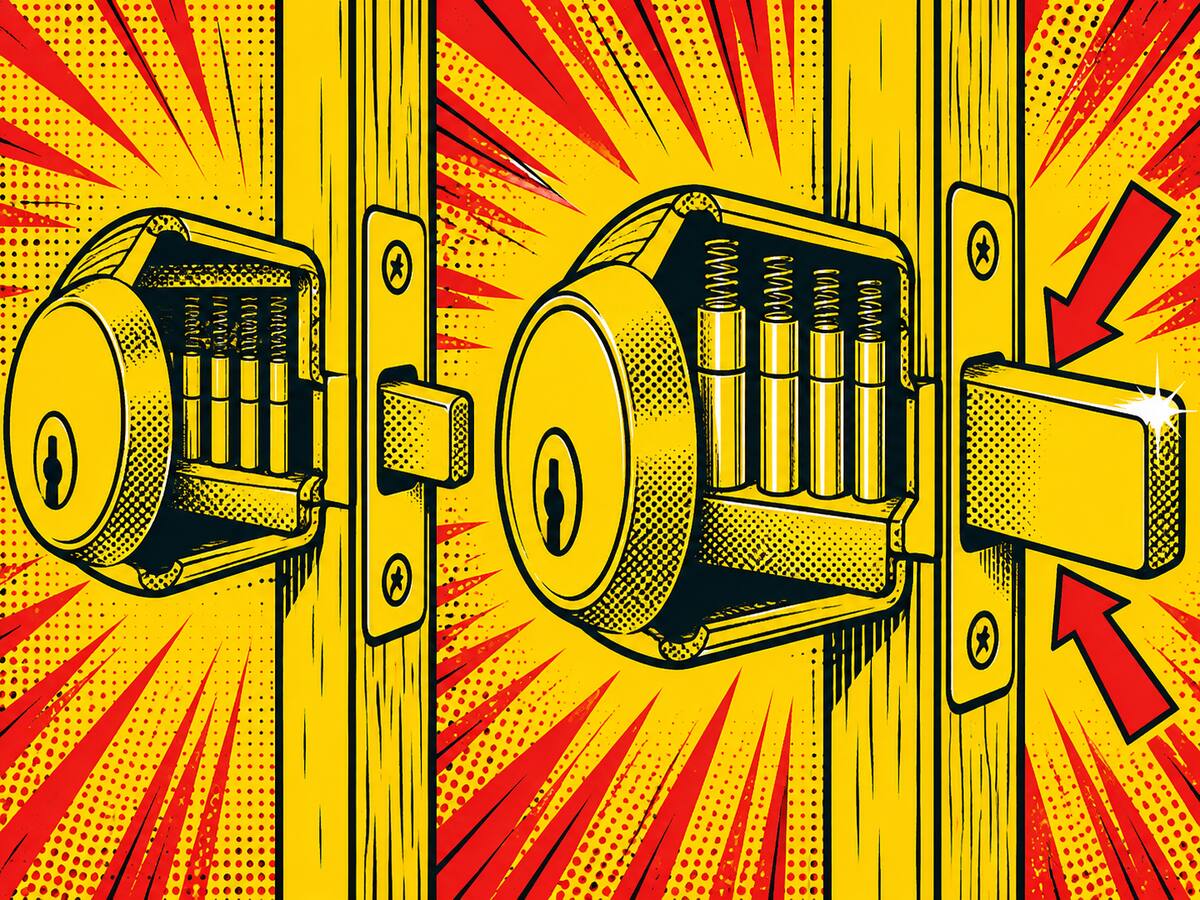 Comic-style cutaway lineup of a builder-grade deadbolt next to an upgraded deadbolt