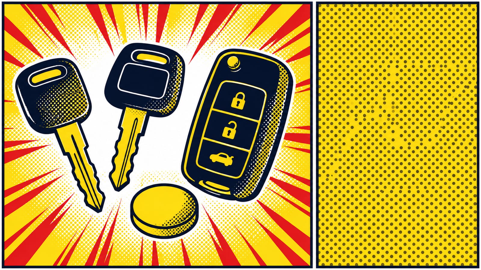 Comic illustration of two car keys, a smart key fob, and a coin-cell battery arranged on a yellow-and-red halftone burst.