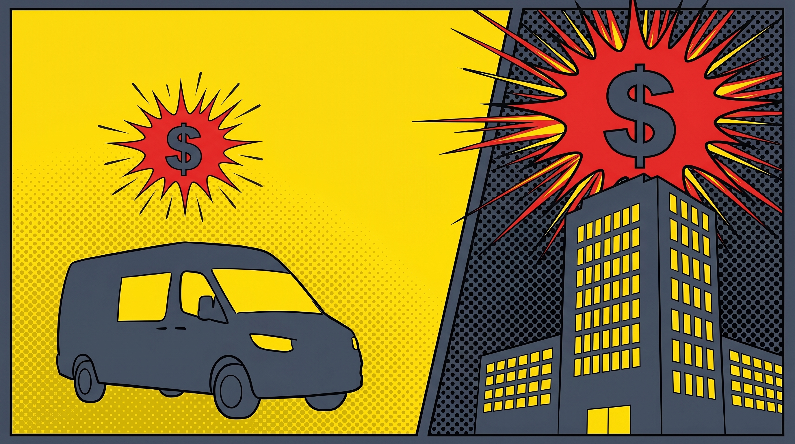 Comic versus comparison: a small yellow mobile locksmith van with a small red dollar burst on the left, a tall slate-blue dealership building with a much larger red dollar burst on the right.