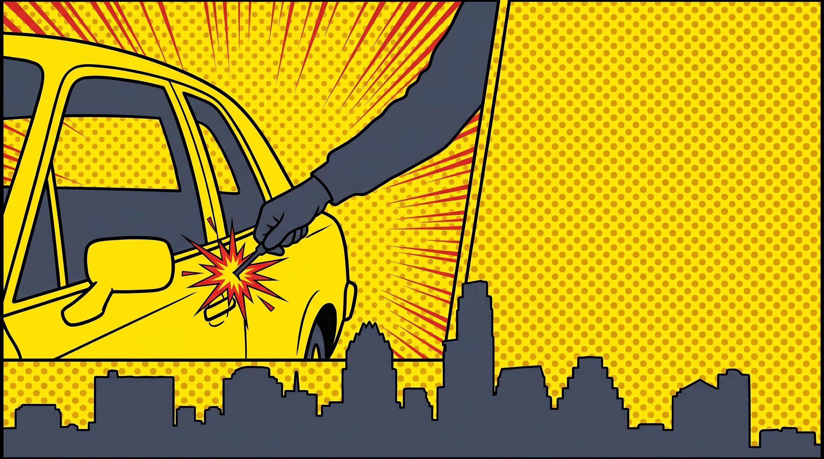 Comic illustration of a slate-blue silhouette hand using a slim-jim tool to unlock a yellow car door, halftone Austin skyline along the bottom horizon, red starburst at the lock.