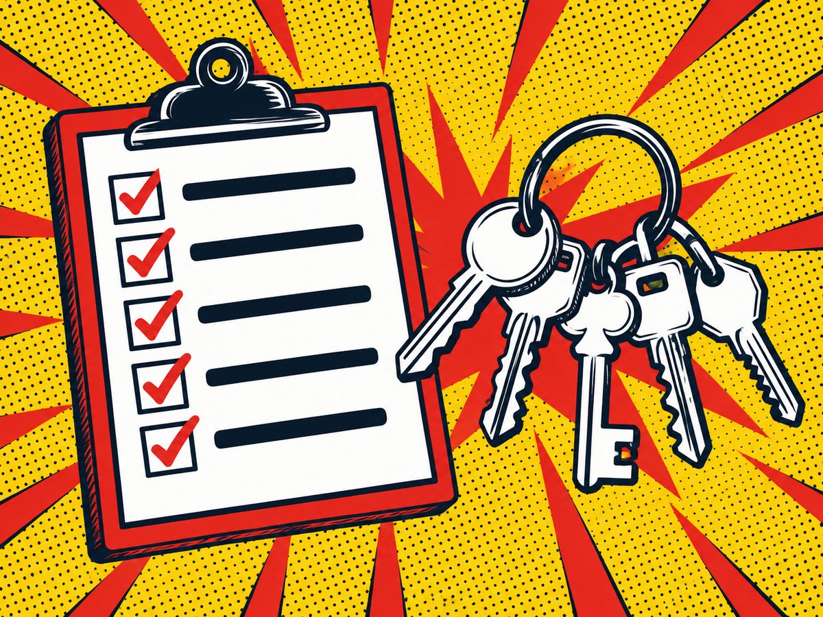 Comic-style illustration of a clipboard with red check marks beside a ring of keys