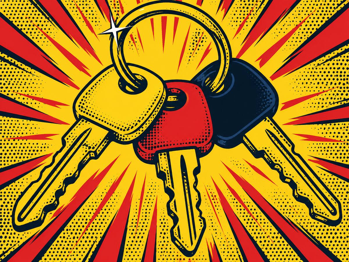 Comic-style illustration of a key ring with a color-coded set of keys in yellow, red and slate