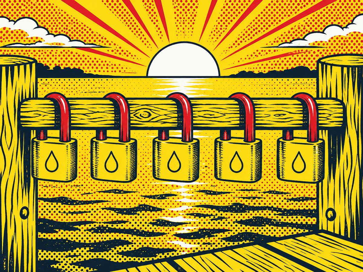 Comic-style line art of a row of weather-rated padlocks hung on a dock rail