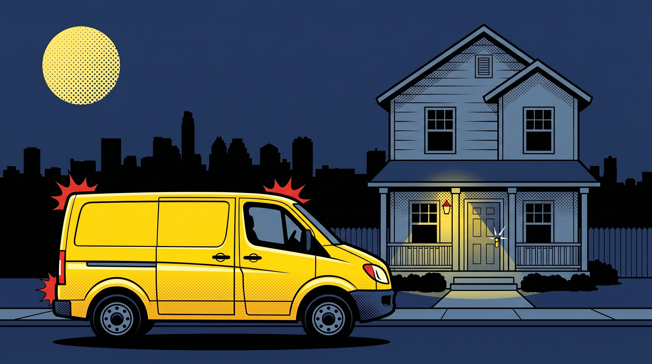 Comic illustration of a yellow mobile locksmith van parked outside a slate-blue Austin home at night, a glowing door handle with a halftone moon in the sky above the Austin skyline.
