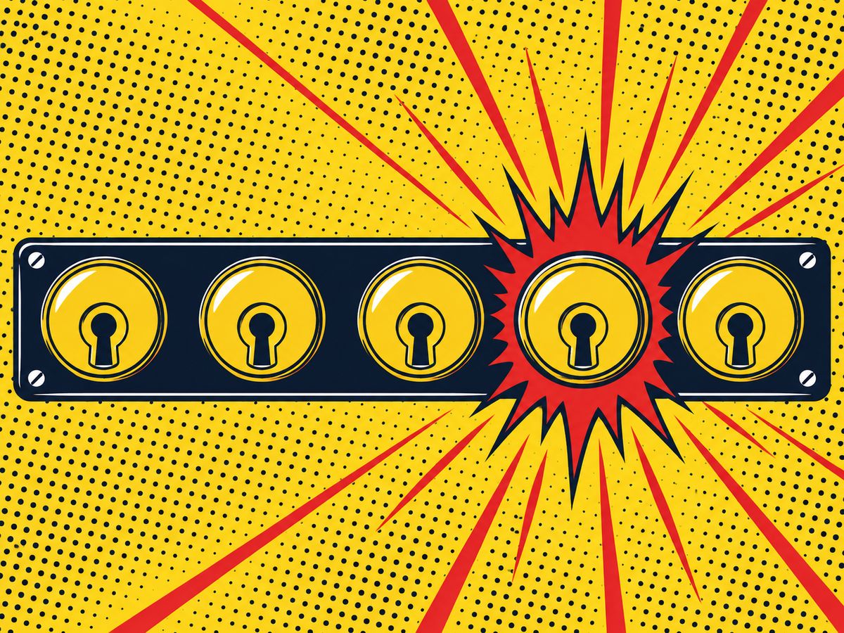 Comic-style illustration of a row of five door lock cylinders with one highlighted by a red burst