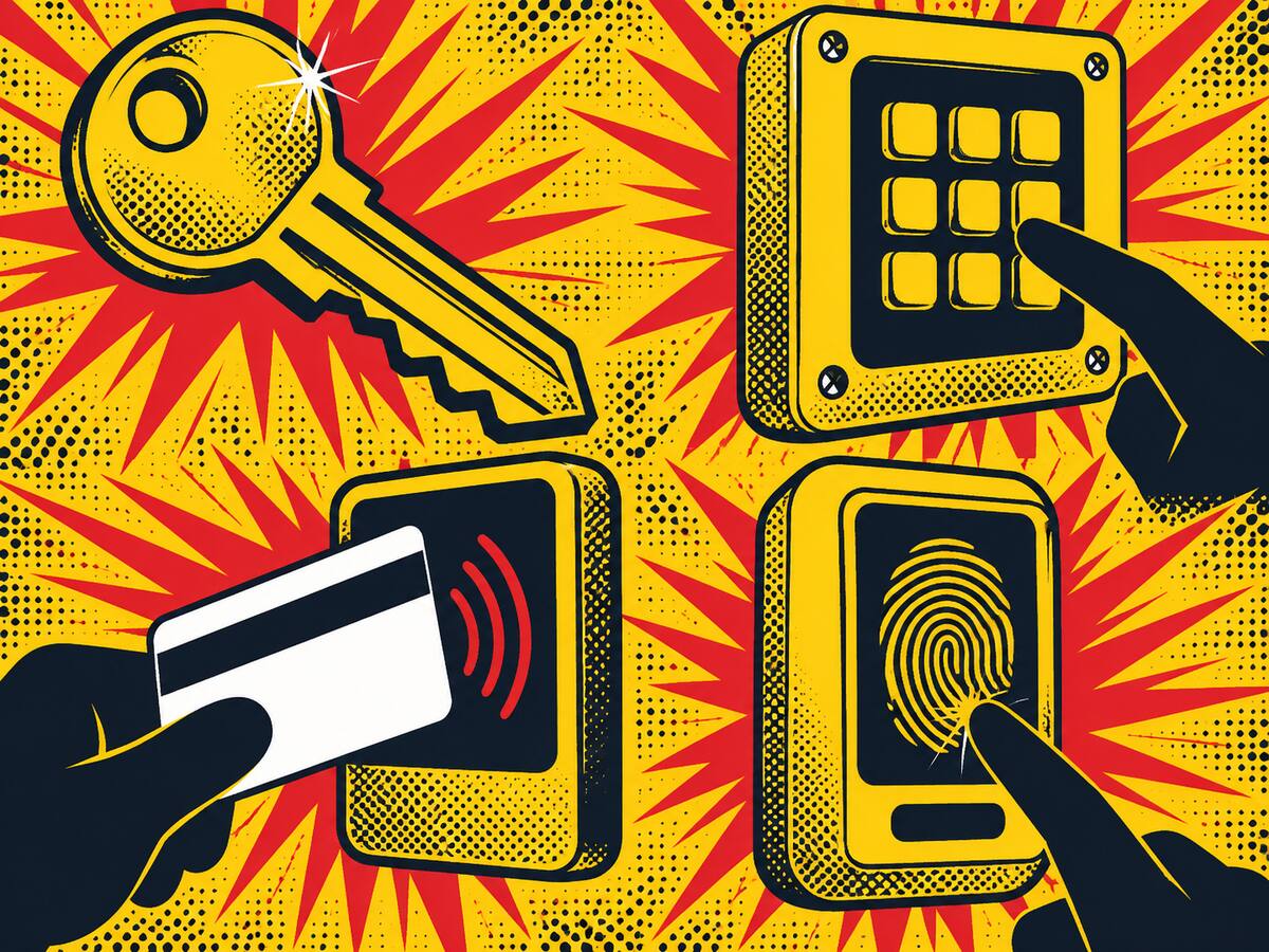 Comic-style illustration of four door access options: a key, a keypad, an access card and a fingerprint reader