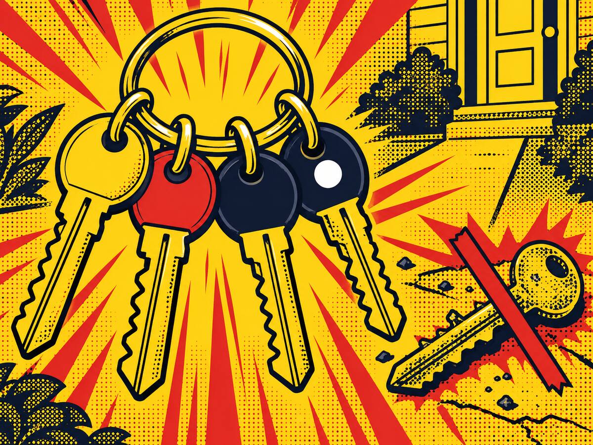 Comic-style illustration of a key ring with four color-coded keys and a red slash across a discarded old key