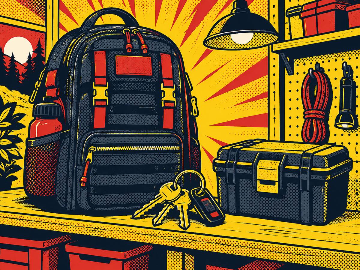 Comic-style lineup of a go-bag, a key ring and a document box