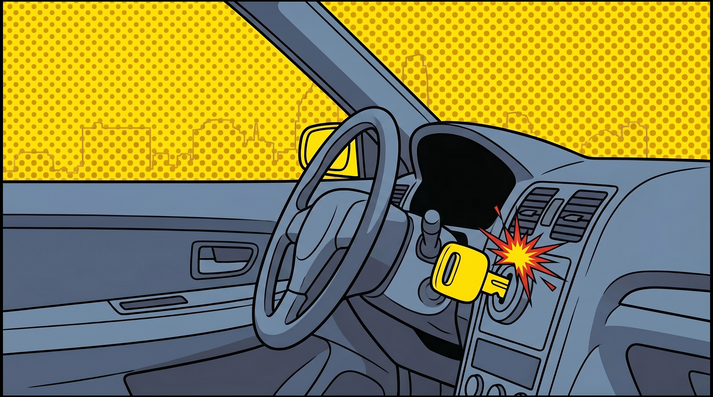 Comic illustration of a slate-blue car steering column with a yellow key partially inserted in an ignition cylinder, a red warning starburst beside the ignition slot, Austin skyline halftone in the background.
