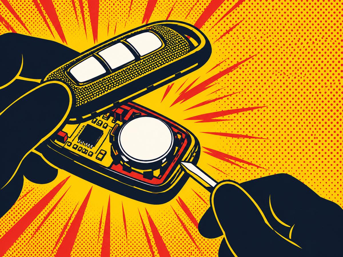 Comic-style illustration of silhouette hands prying open a key fob case to show a flat coin cell inside
