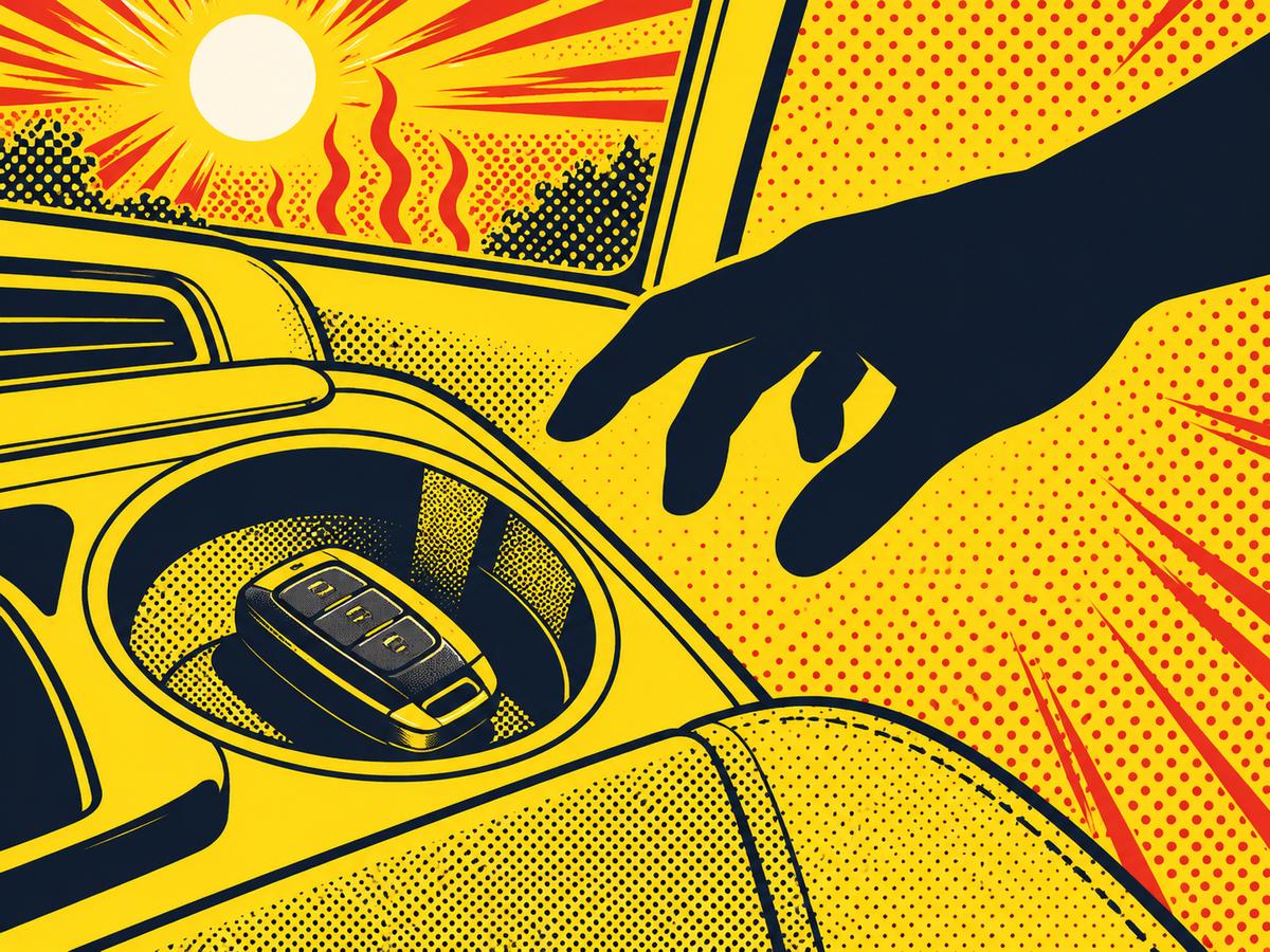Comic-style illustration of a key fob in a hot car cup holder as a silhouette hand reaches in under a blazing sun