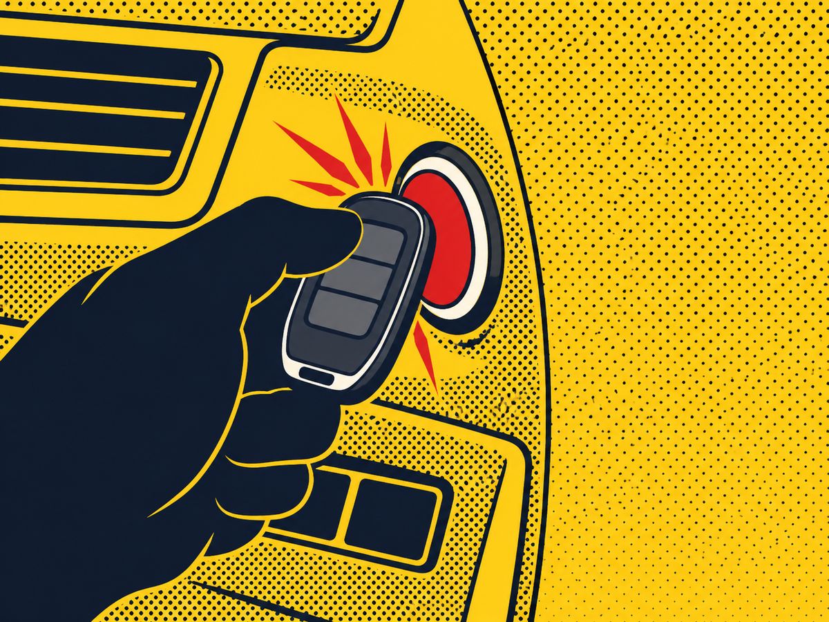 Comic-style illustration of a silhouette hand pressing a key fob against a round push-button start with red burst rays