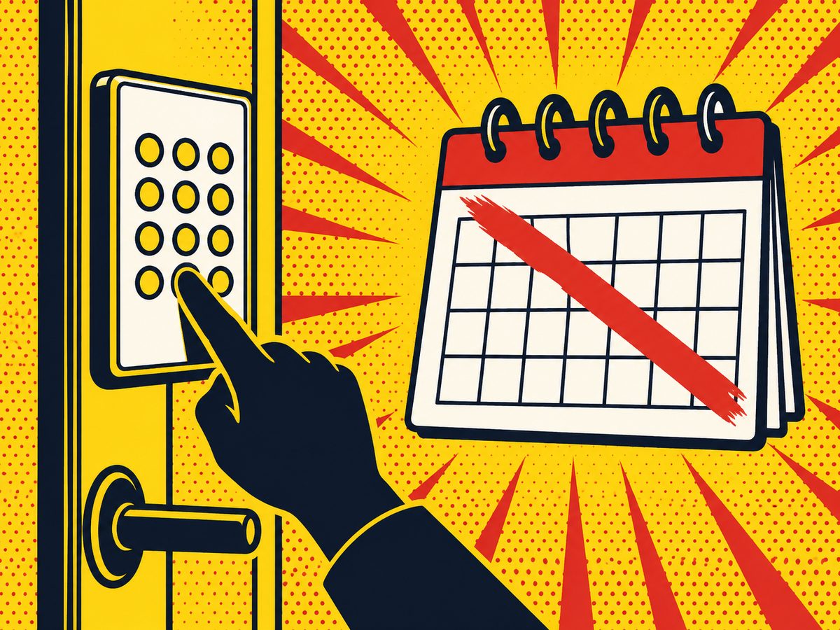 Comic-style illustration of a silhouette hand on a keypad beside a blank calendar page with a red slash