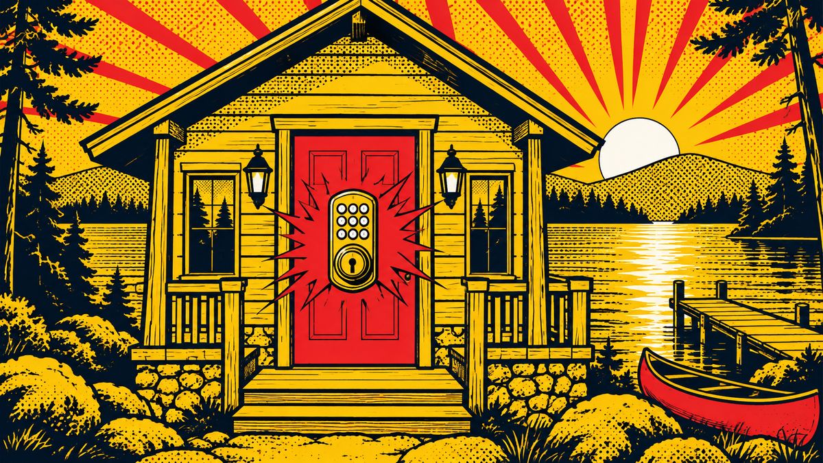 Comic-style illustration of a lake cabin with a keypad deadbolt in the foreground, red burst and halftone water lines