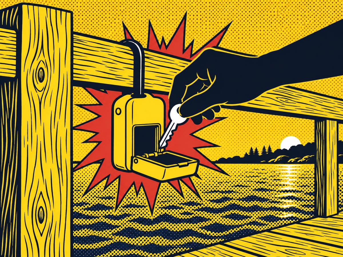 Comic-style illustration of a silhouette hand placing a key into a lockbox hung on a rail with a red warning burst