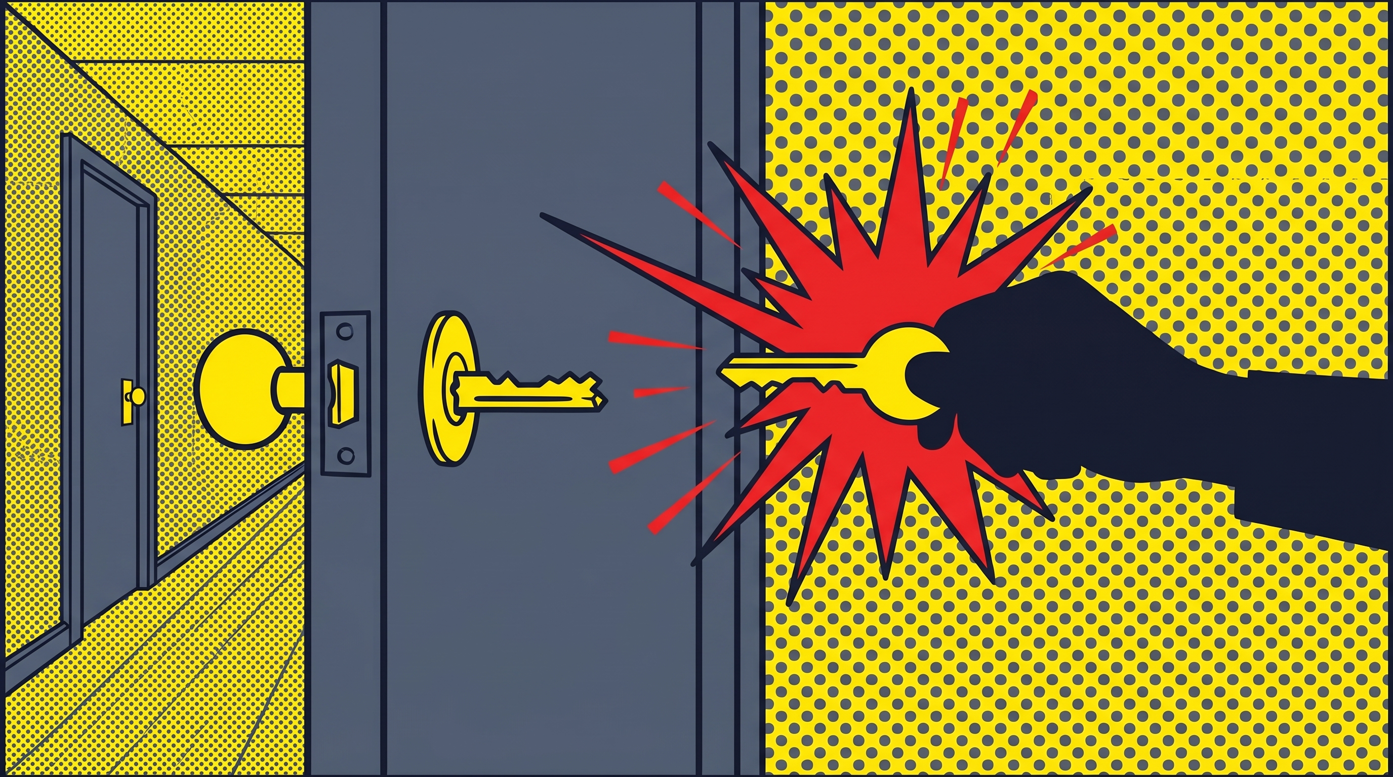 Comic illustration of a slate-blue apartment door with a key broken off in the lock, a hand silhouette approaching from the right with a glowing yellow replacement key. Hallway perspective lines recede into the distance.