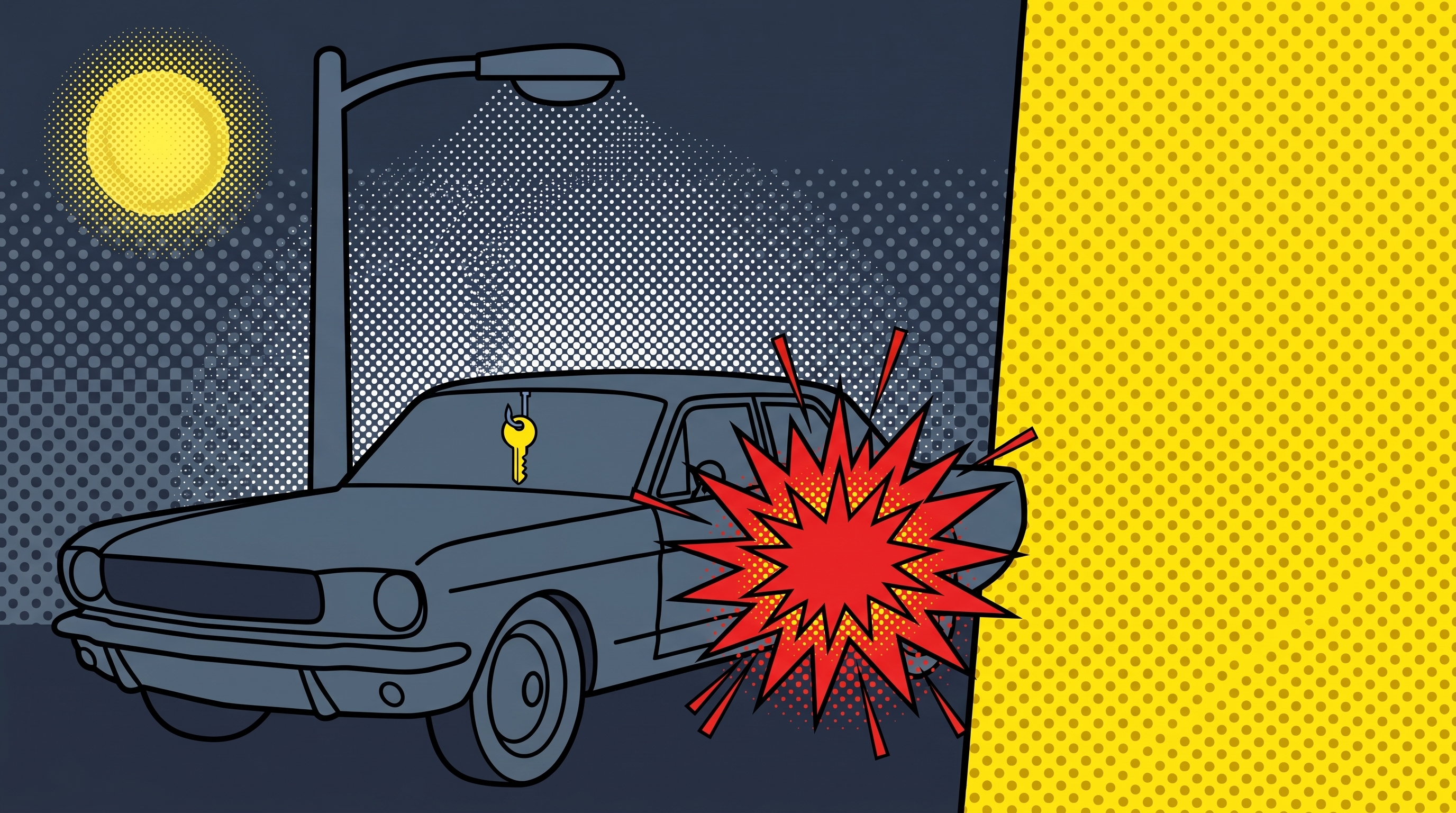 Comic illustration of a yellow sedan parked under a slate-blue streetlamp at night, with a key visible dangling on a hook inside the locked car. Halftone moon in the upper corner, red panic burst near the door.