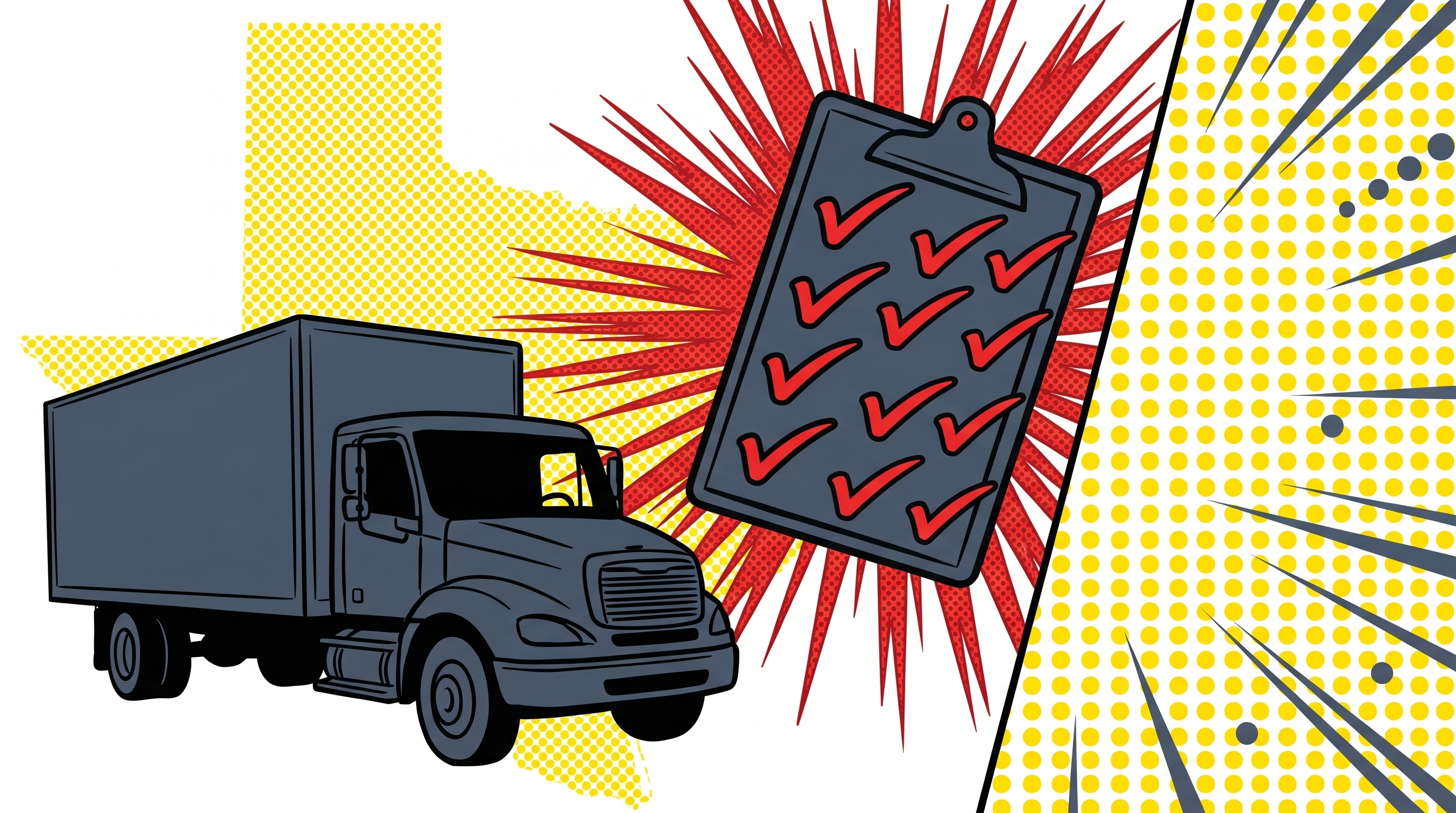 Comic illustration of a yellow moving truck with a slate-blue clipboard floating beside it, marked with red comic checkmarks. Halftone Texas state silhouette in the background.
