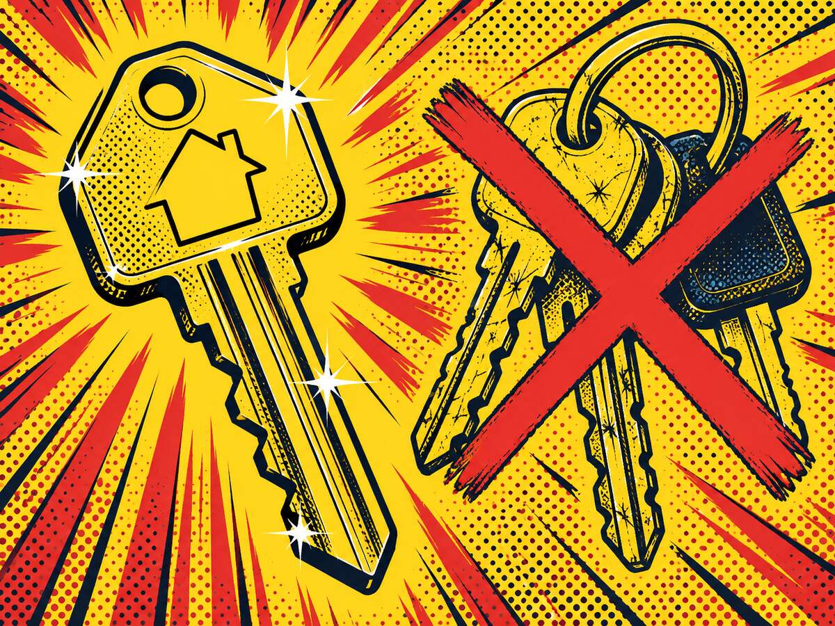 Comic-style illustration of a new key beside a crossed-out set of old keys