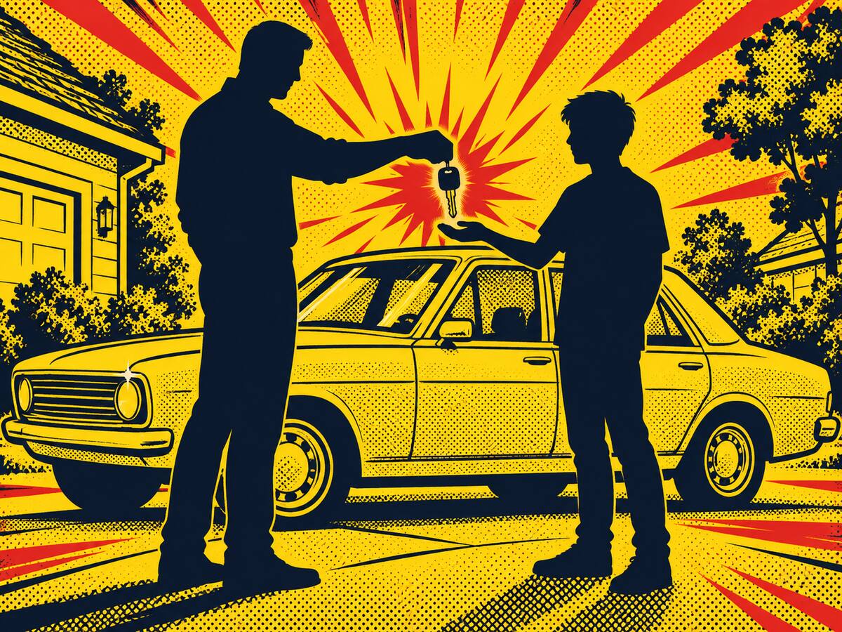 Comic-style illustration of a parent silhouette handing a key to a teen silhouette beside a car, no faces