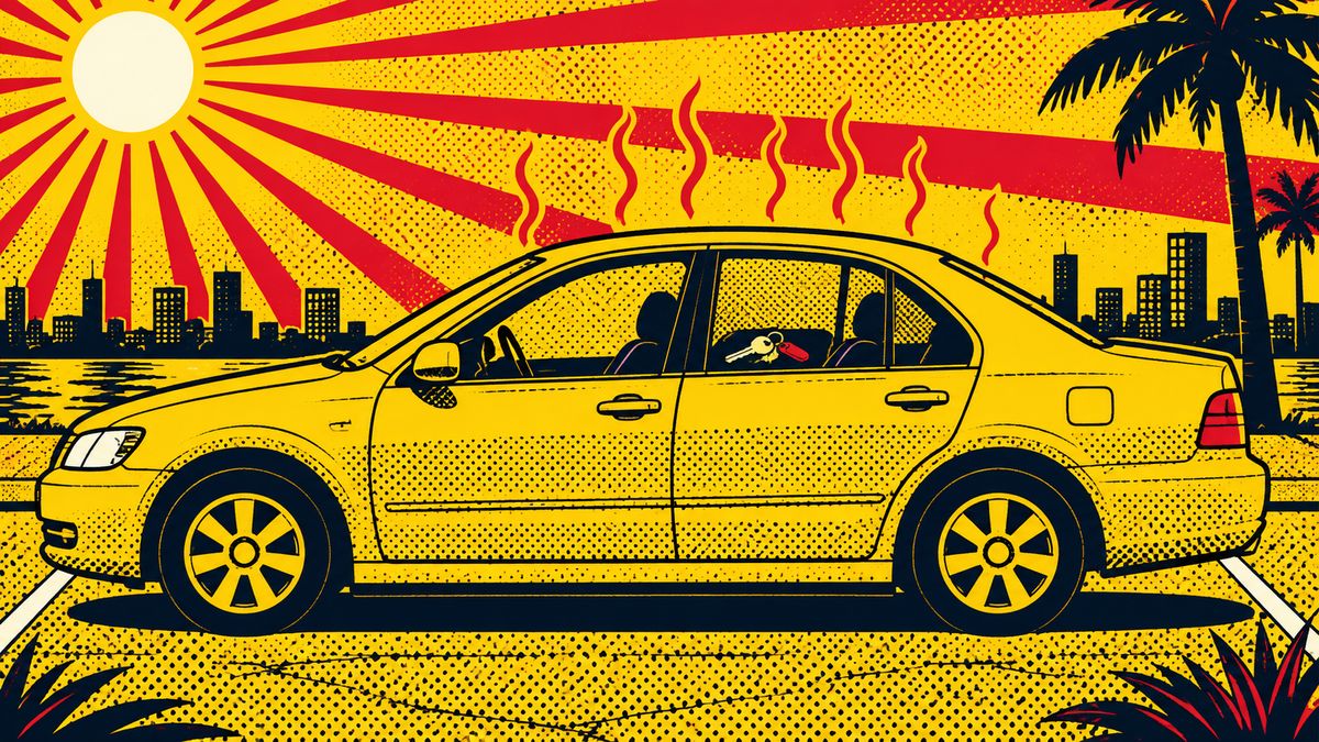 Comic-style illustration of a parked sedan under a red and yellow sun burst with heat-wave halftone and keys on the seat