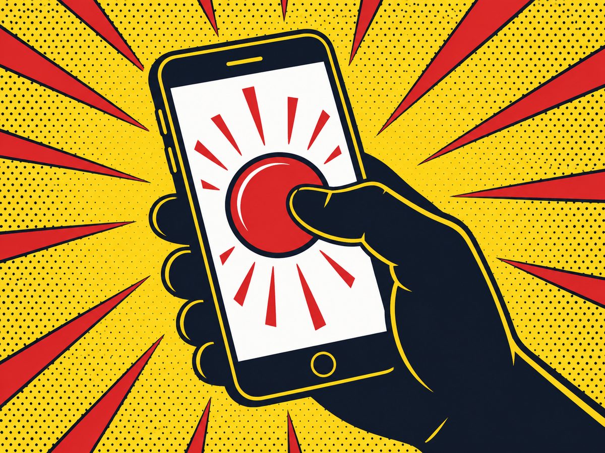 Comic-style illustration of a silhouette hand holding a phone with the thumb over a red emergency button shape