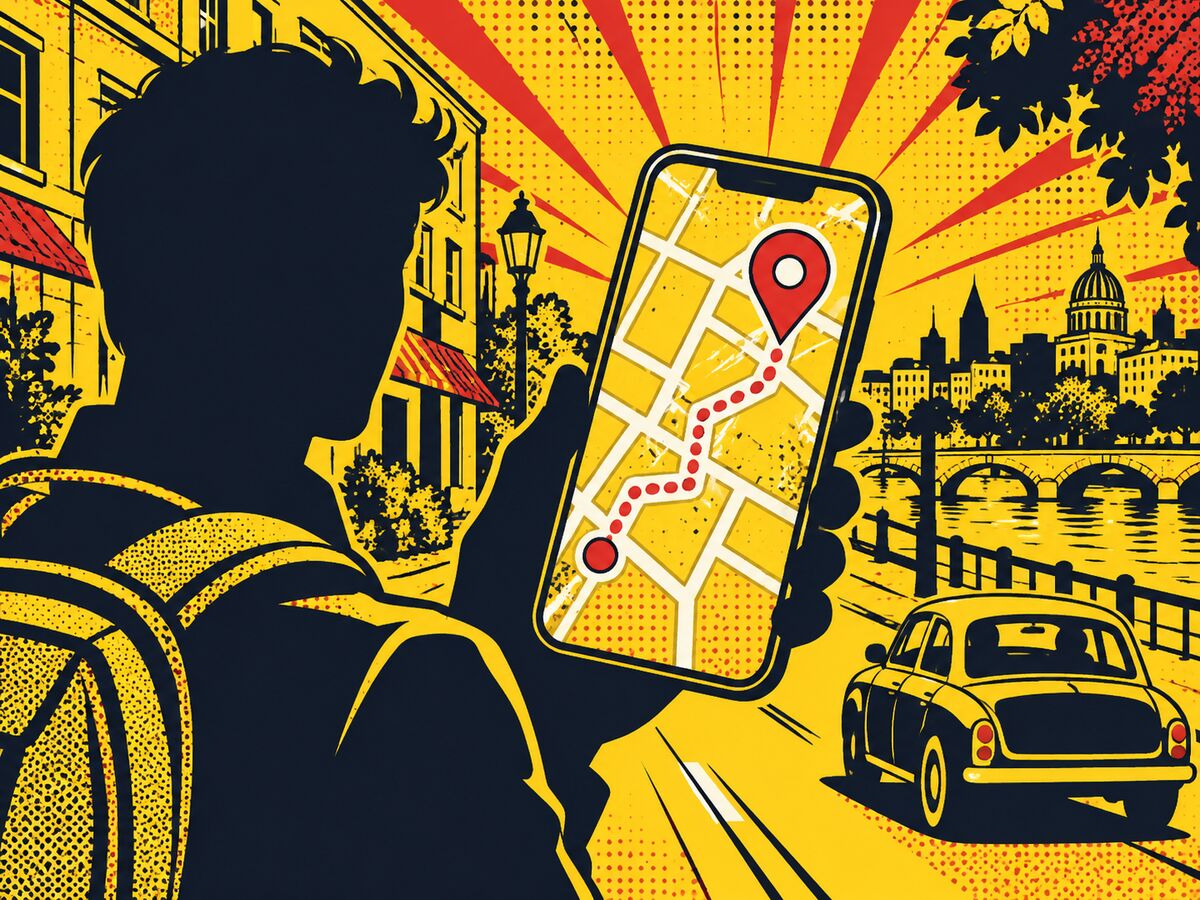 Comic-style illustration of a phone showing a map pin and a dotted route across a city
