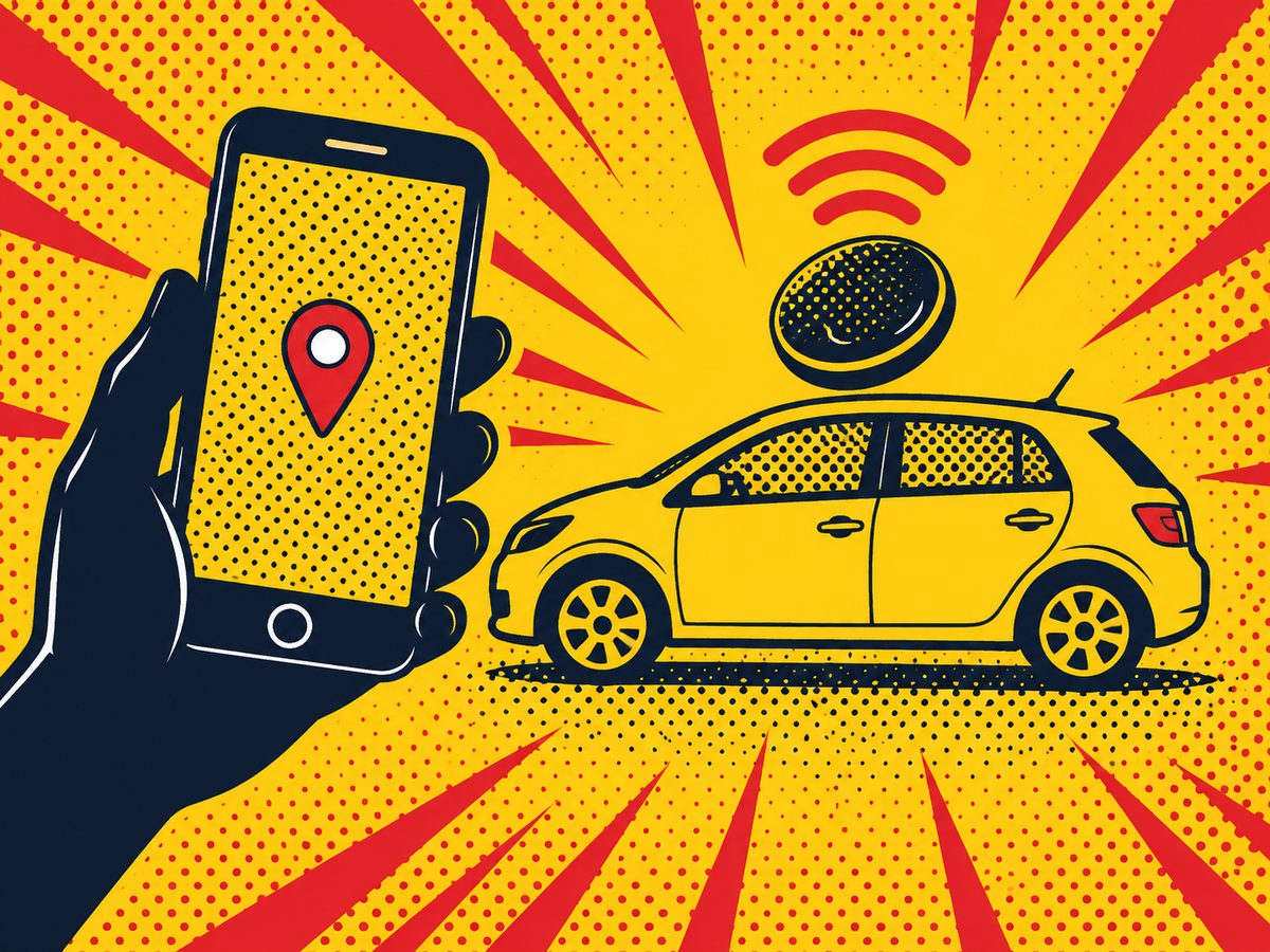 Comic-style illustration of a silhouette hand holding a phone beside a parked compact car with a tracker outline