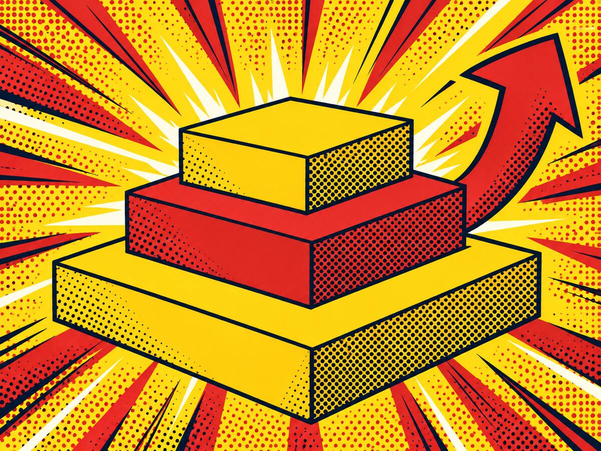 Comic-style illustration of three stacked blocks with a red arrow, a base price plus add-ons
