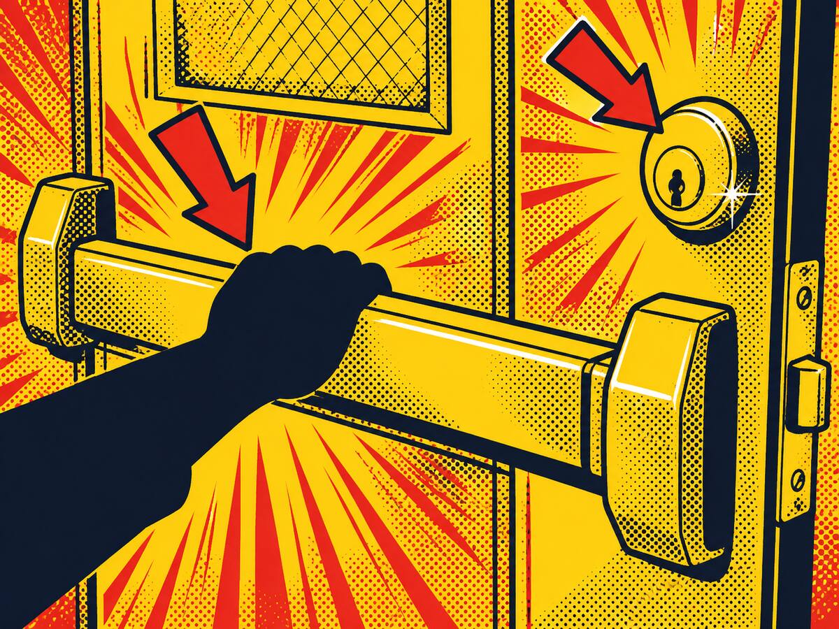 Comic-style close-up panel of a push bar and a cylinder lock with red arrows
