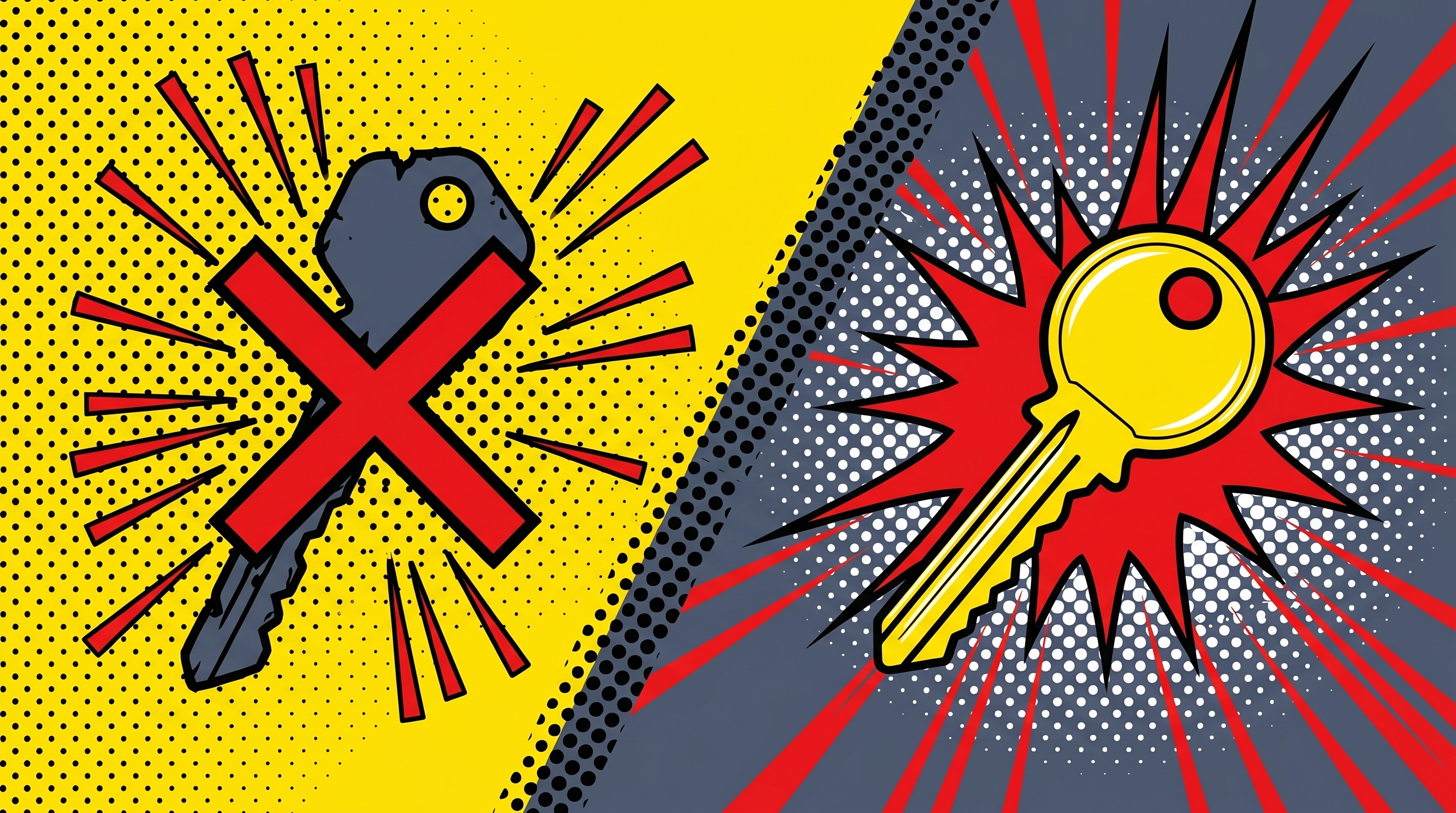 Split-panel comic illustration: an old worn key crossed out with red X on yellow ground on the left, a brand new shiny key with red starburst behind it on slate-blue halftone ground on the right.
