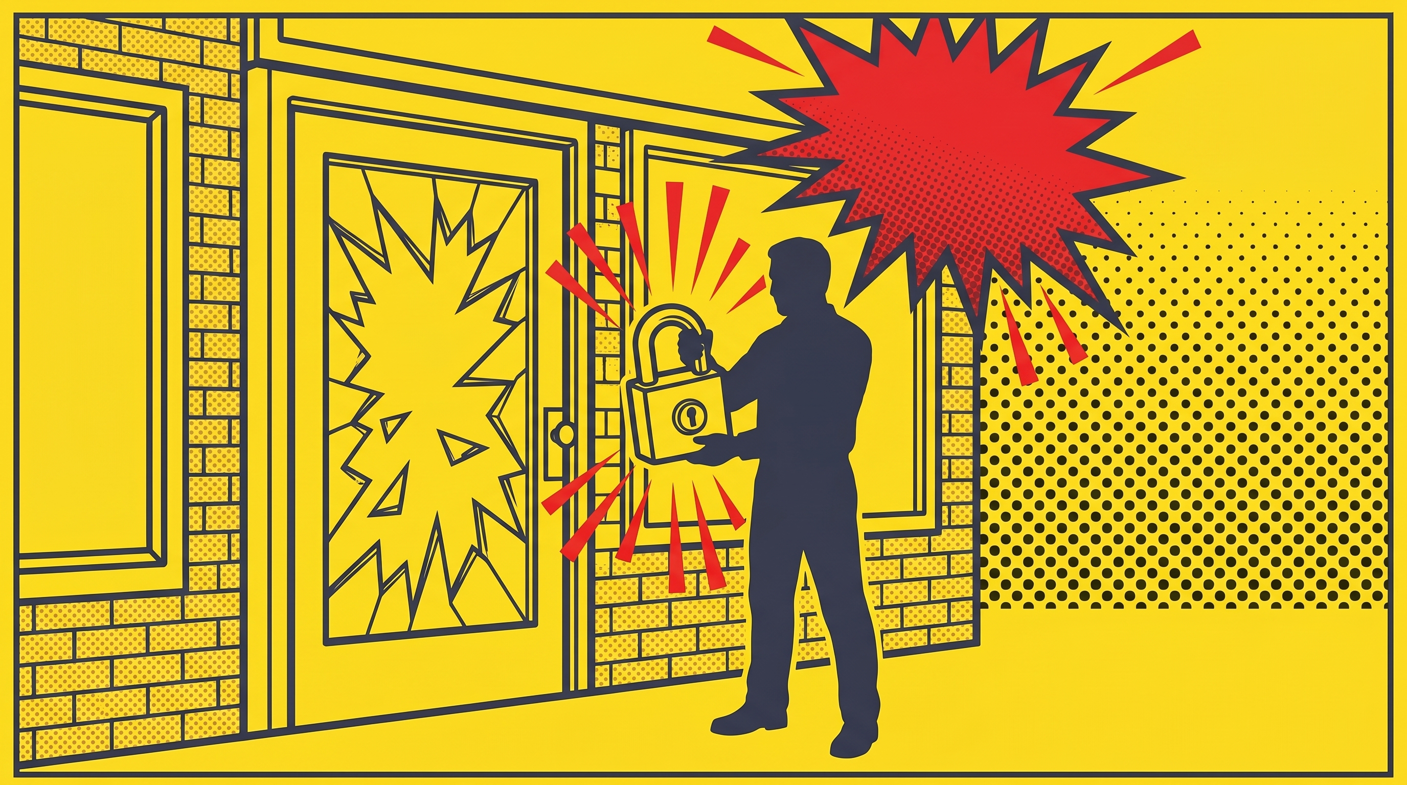 Comic illustration of a damaged storefront with broken glass shards on a yellow background, with a slate-silhouette locksmith holding a heavy commercial deadbolt, and a red alarm burst in the upper corner.