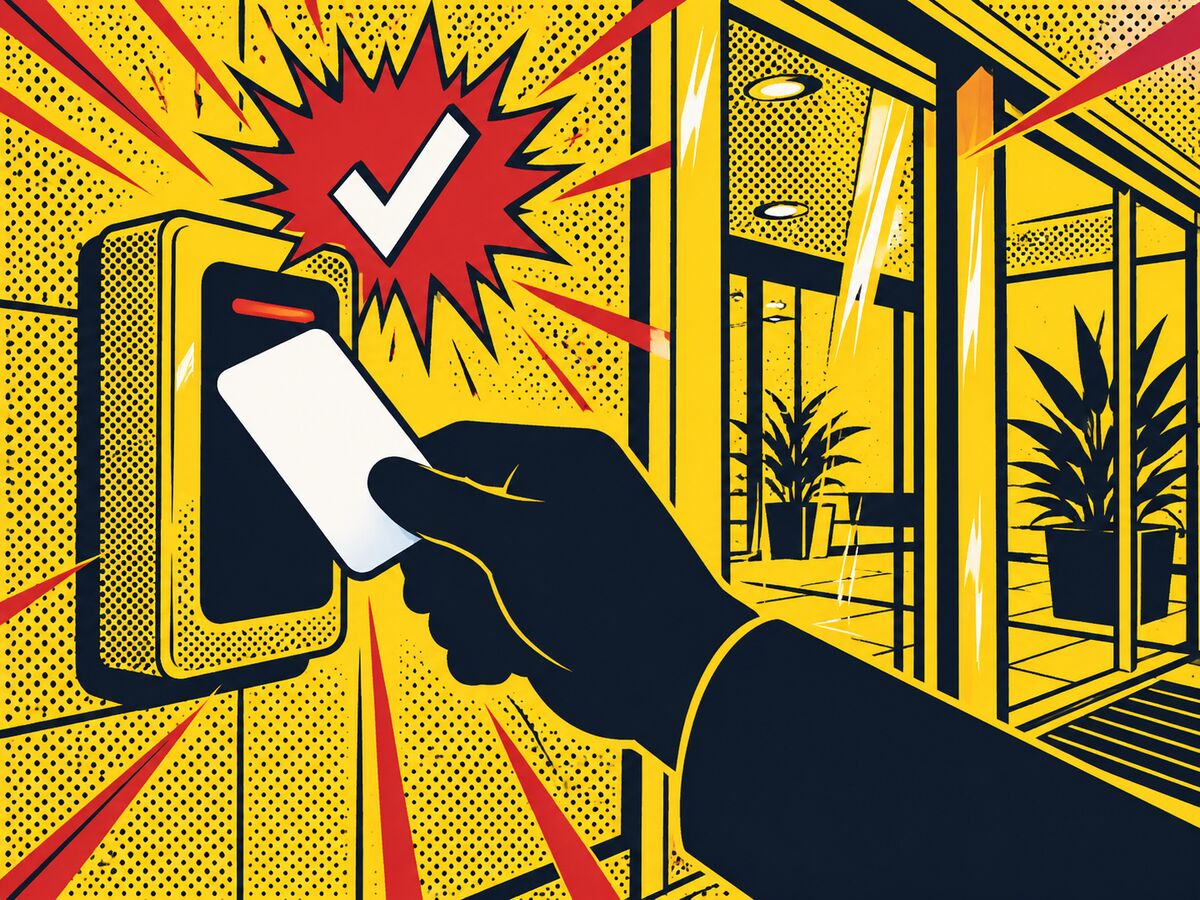 Comic-style illustration of a hand tapping an access card on a wall reader with a red check burst