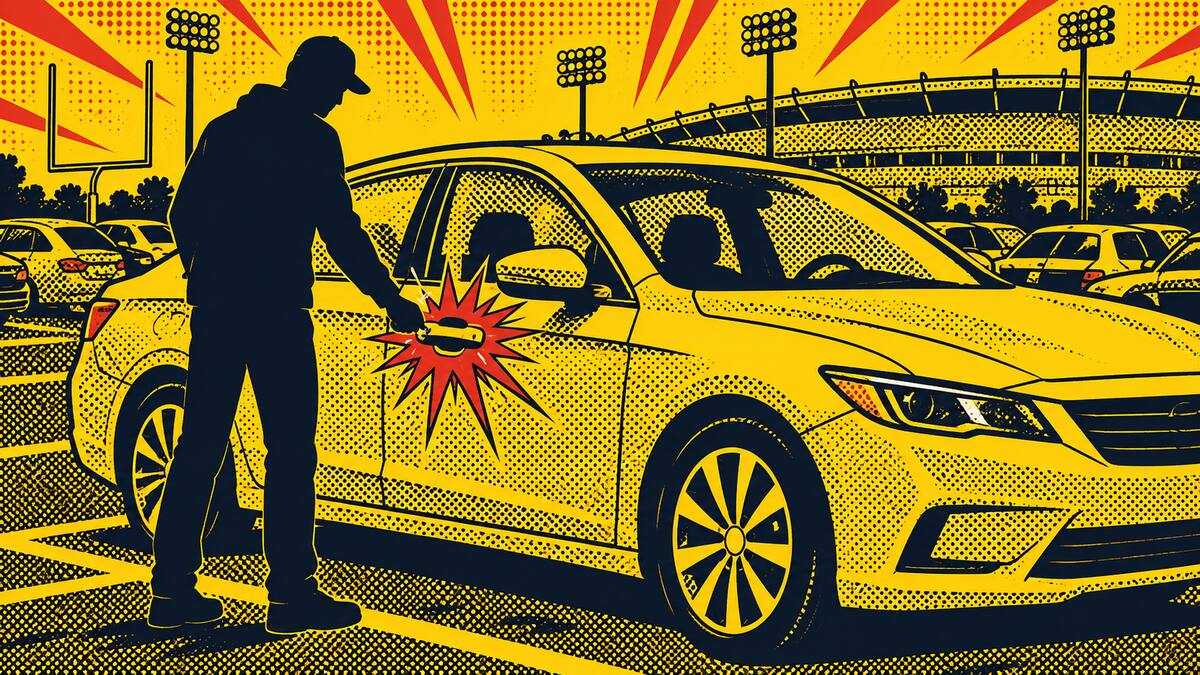 Comic-style illustration of a stadium parking lot with a sedan and a red burst on the door handle