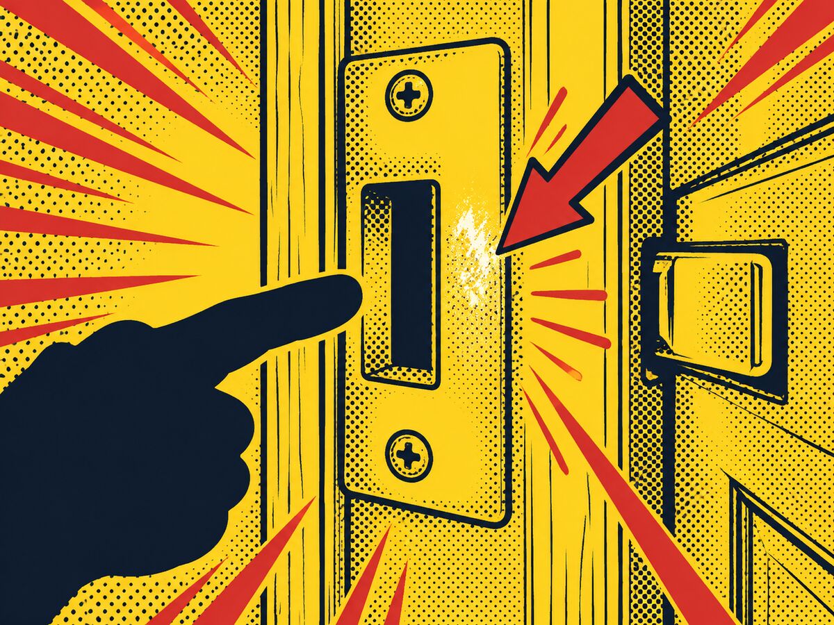Comic-style close-up of a strike plate with a chalk-mark smudge and a red arrow
