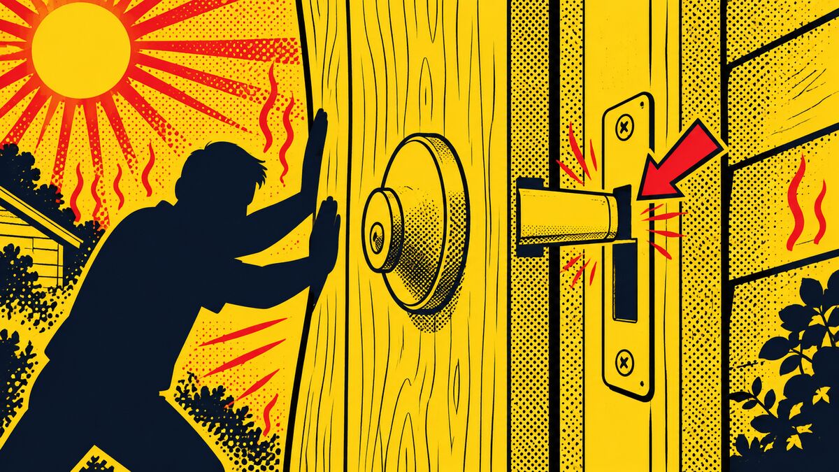 Comic-style illustration of a door with a swollen frame and a deadbolt just missing the strike plate under heat-wave halftone