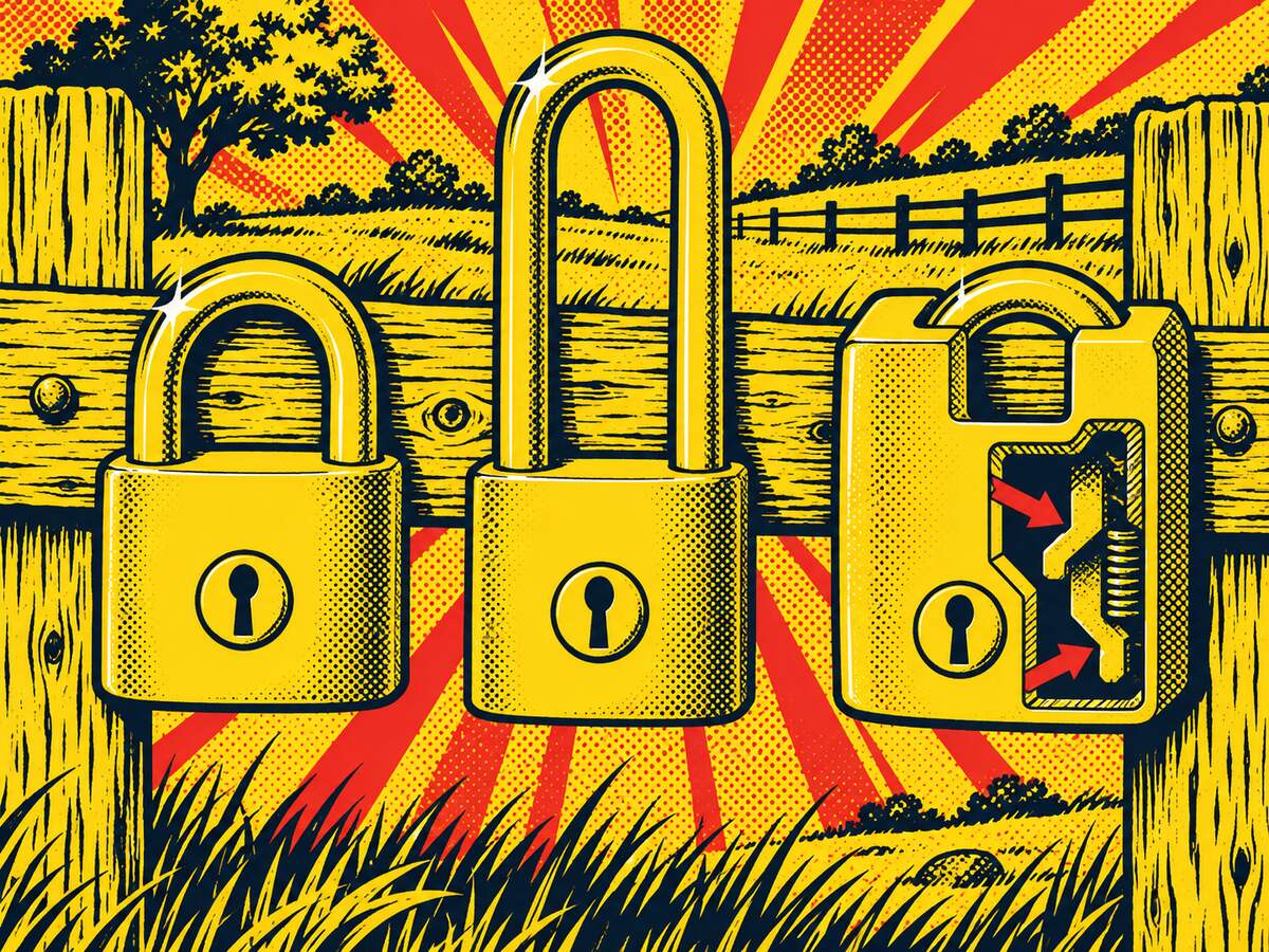 Comic-style row of three padlock styles including a cutaway of a shrouded shackle