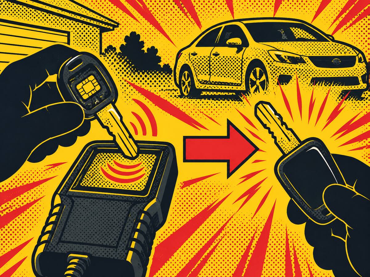 Comic-style diagram of a transponder chip being read and copied with a single red arrow