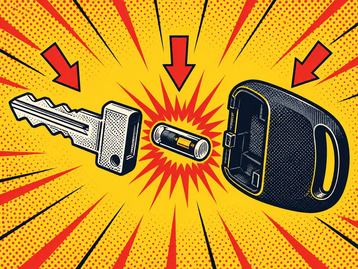 Comic-style exploded diagram of a transponder car key showing the blade, chip and case with red arrows