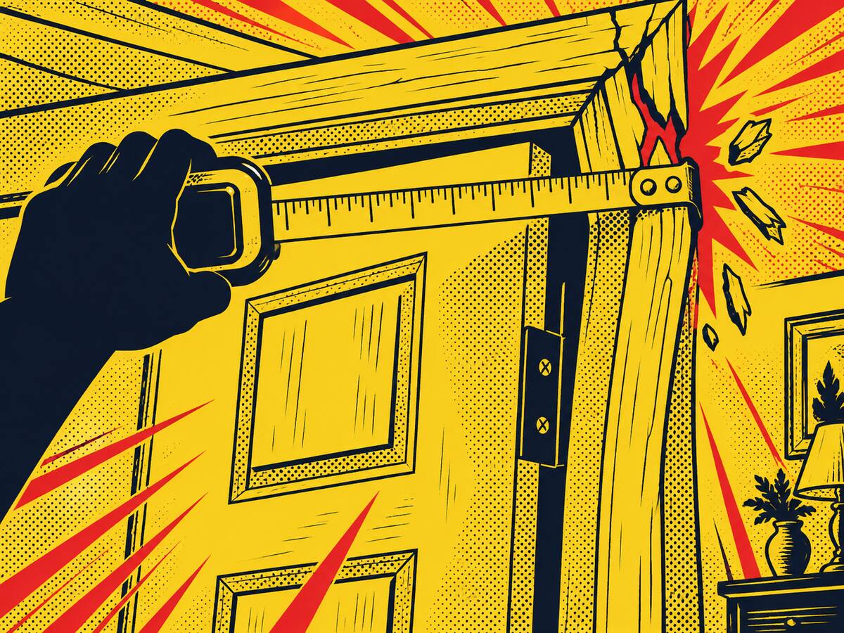 Comic-style illustration of a warped door frame with a red crack burst and a hand holding a tape measure