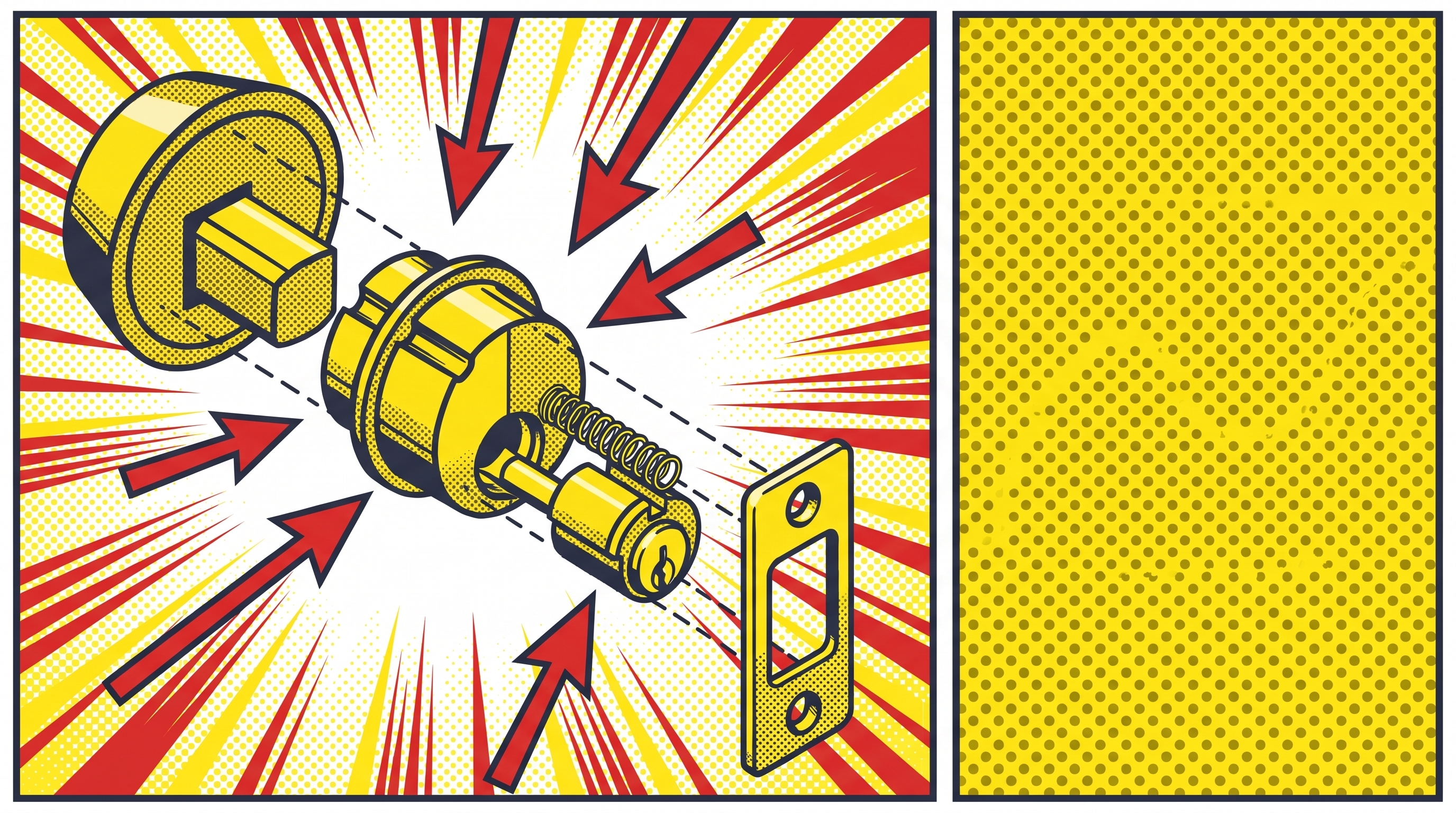 Comic-style exploded cross-section diagram of a deadbolt lock, showing the bolt, cylinder, key pins, and strike plate floating apart with red arrows pointing to internal parts.