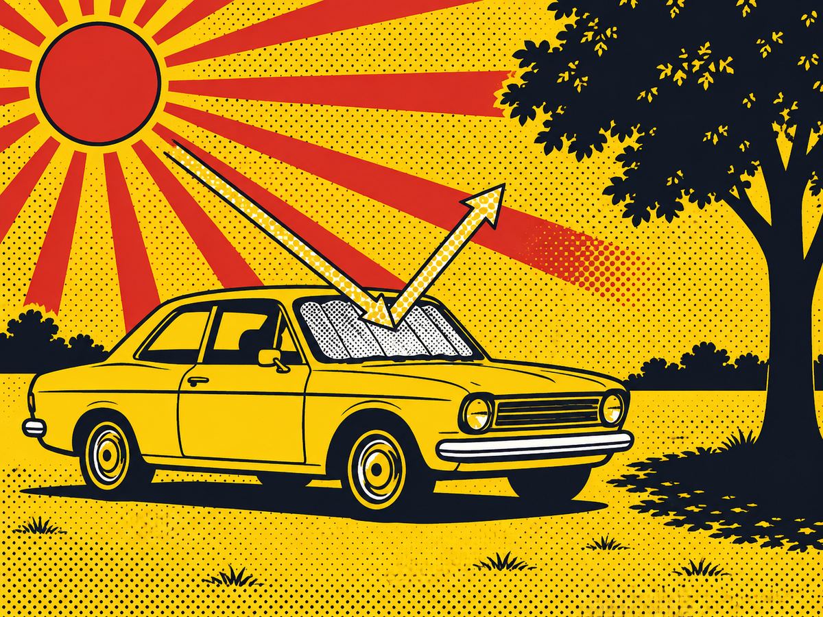 Comic-style diagram of the sun, shade and a windshield sunshade over a parked car with no text